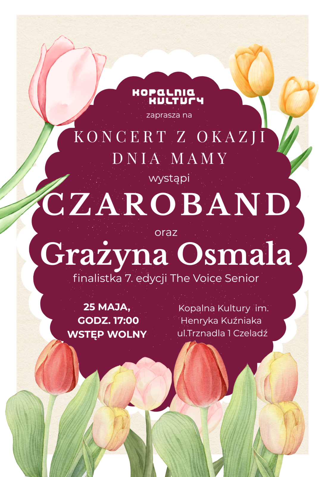Bordowy plakat z tulipanami informujący o koncercie z okazji dnia mamy zespołu czaroband oraz grażyny Osmali